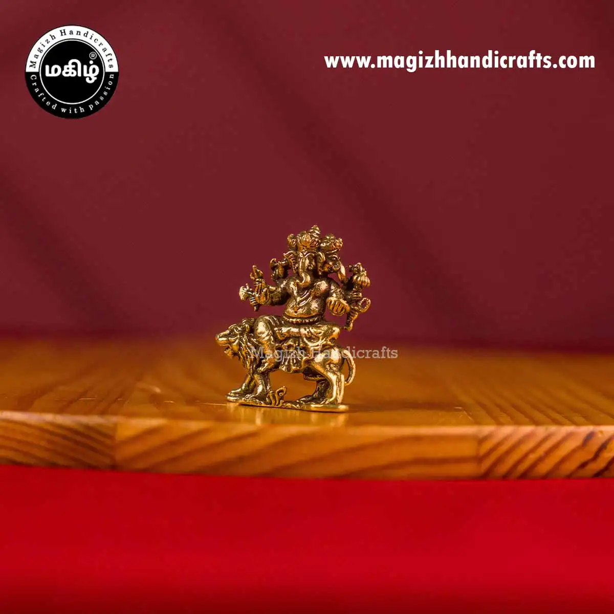 Brass Mini 3 heads Ganesha on Lion idol - 1 inch - image 3