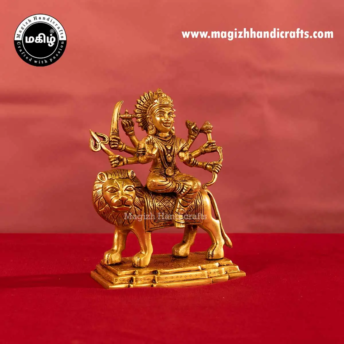 Brass goddess Lion Durga devi idol Lotus base - 8 inches - image 3