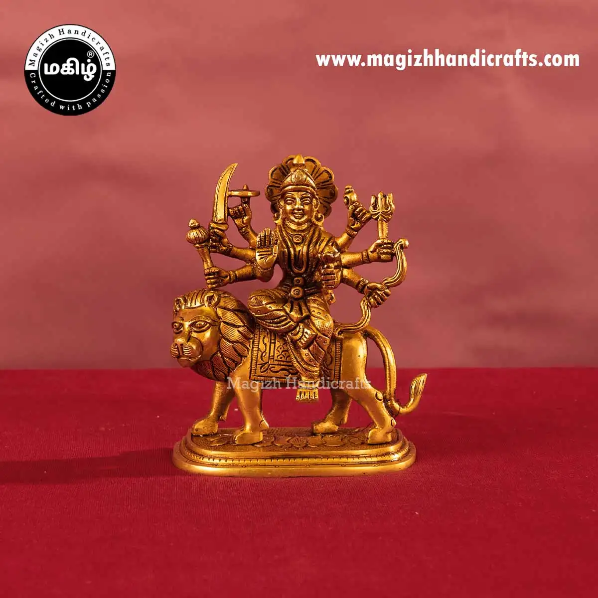 Brass goddess Lion Durga devi idol Lotus base - 6 inches - image 1