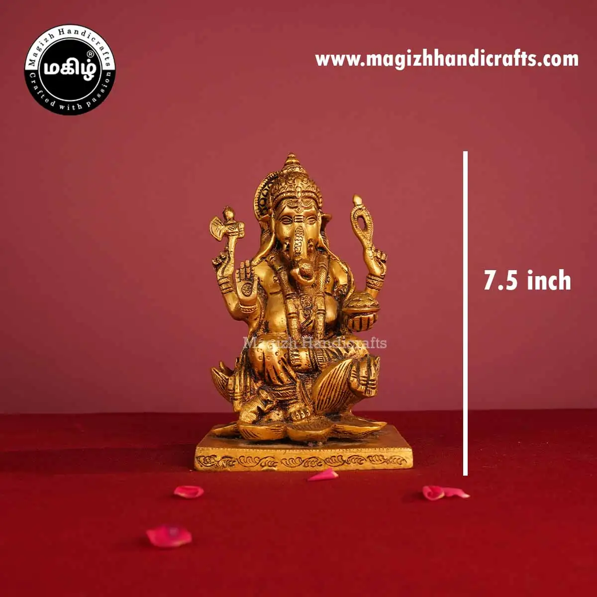 Brass Sitting Lotus Ganesha Idol with Square Base - 7.5 Inches - image 2