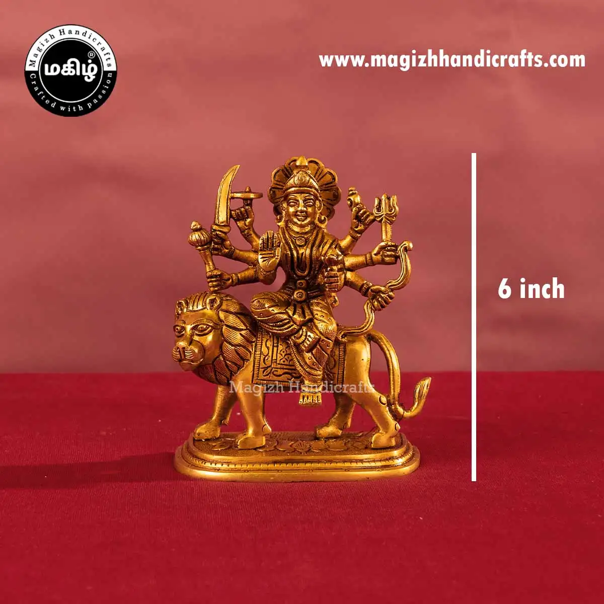 Brass goddess Lion Durga devi idol Lotus base - 6 inches - image 2