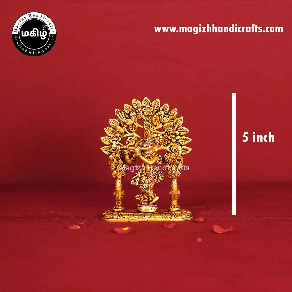 Brass Tree Krishna with Peacock Idol - 5 Inches - image 2