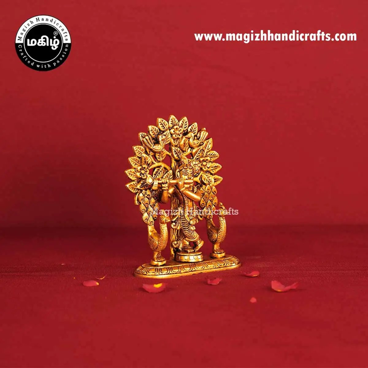 Brass Tree Krishna with Peacock Idol - 5 Inches - image 3