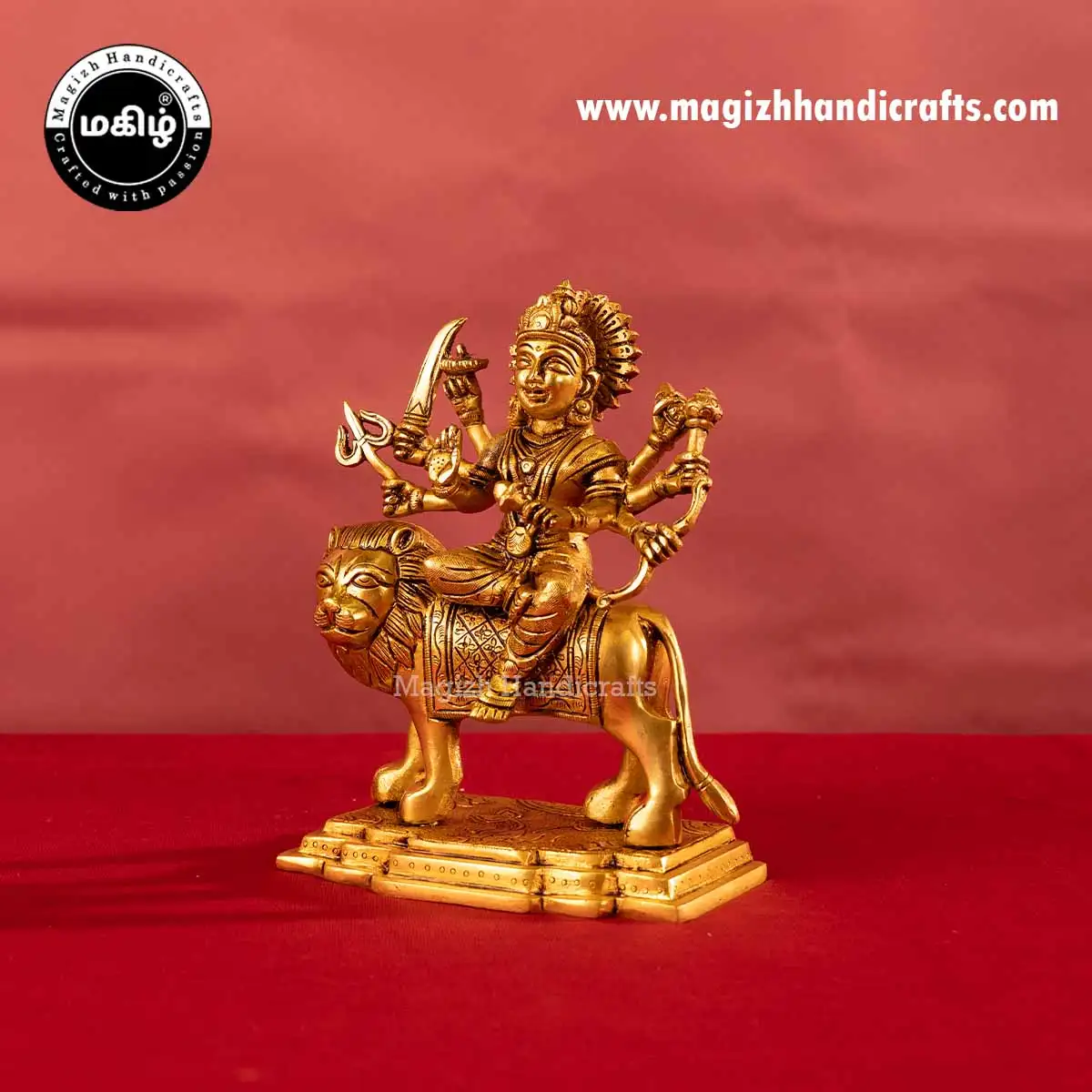 Brass goddess Lion Durga devi idol Lotus base - 8 inches - image 4