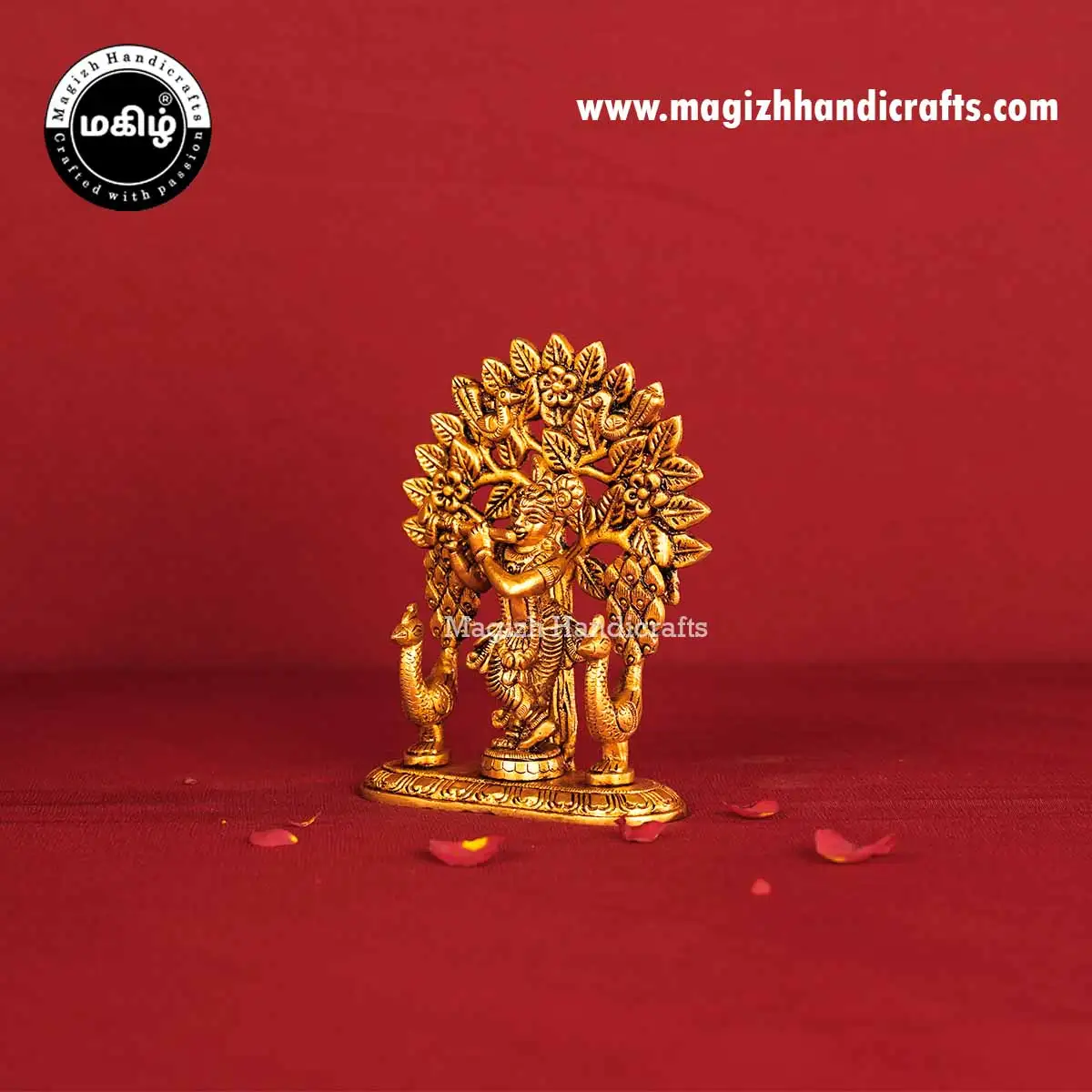 Brass Tree Krishna with Peacock Idol - 5 Inches - image 4