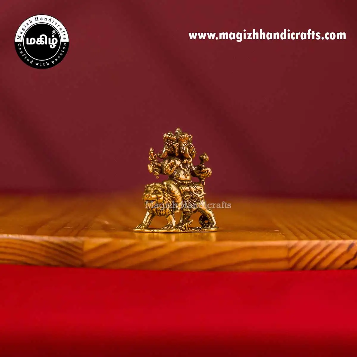 Brass Mini 3 heads Ganesha on Lion idol - 1 inch - image 2