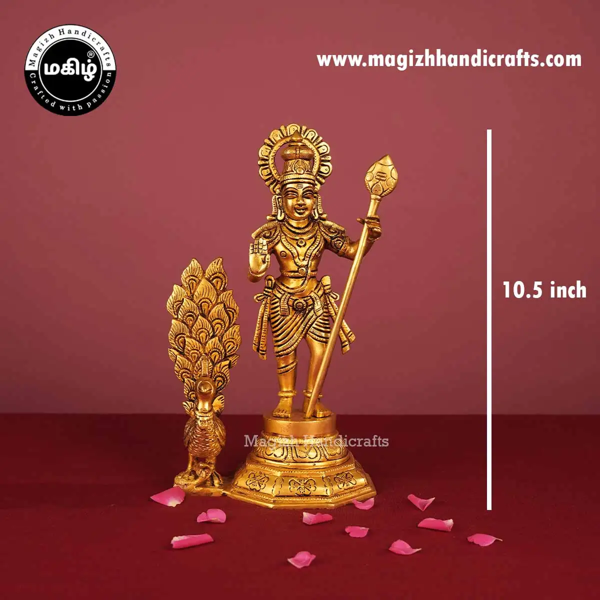 Brass god Murugan idol with peacock - 10.5 inch - image 2