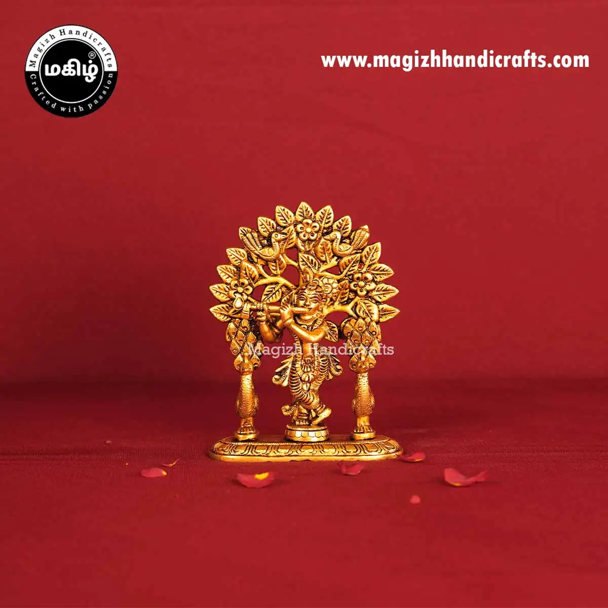 Brass Tree Krishna with Peacock Idol - 5 Inches - image 1