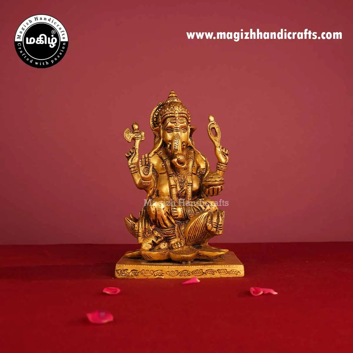 Brass Sitting Lotus Ganesha Idol with Square Base - 7.5 Inches - image 1