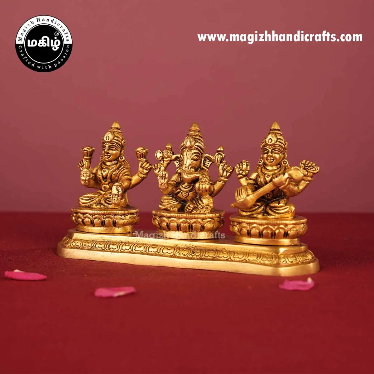 Brass Lakshmi Ganesha Saraswathi One Peetam Idol - 3 Inch - image 3