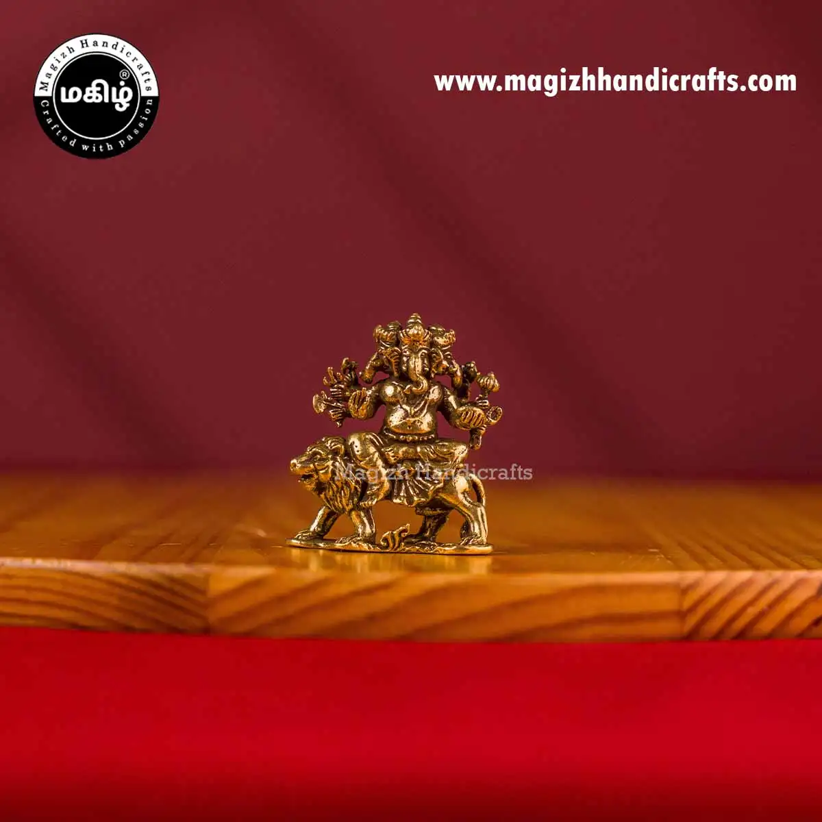 Brass Mini 3 heads Ganesha on Lion idol - 1 inch
