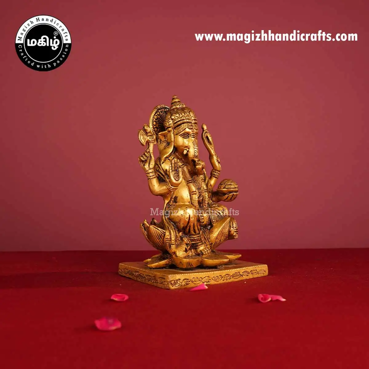 Brass Sitting Lotus Ganesha Idol with Square Base - 7.5 Inches - image 3