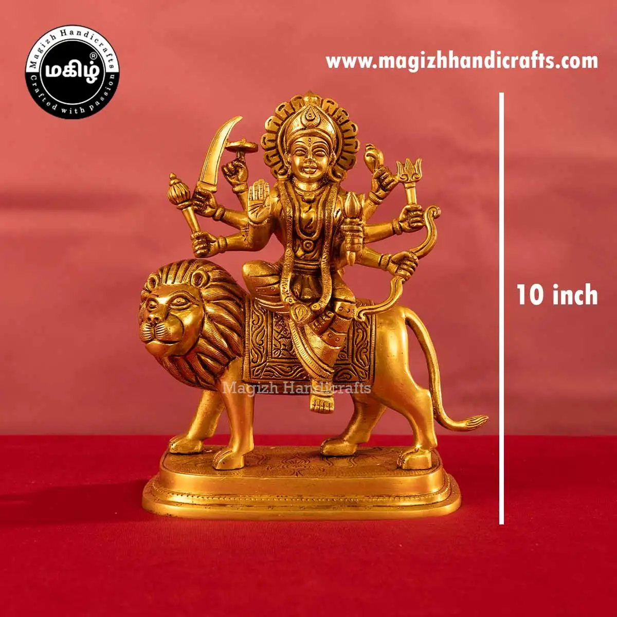 Brass goddess Lion Durga devi idol  - 10 inches - image 2