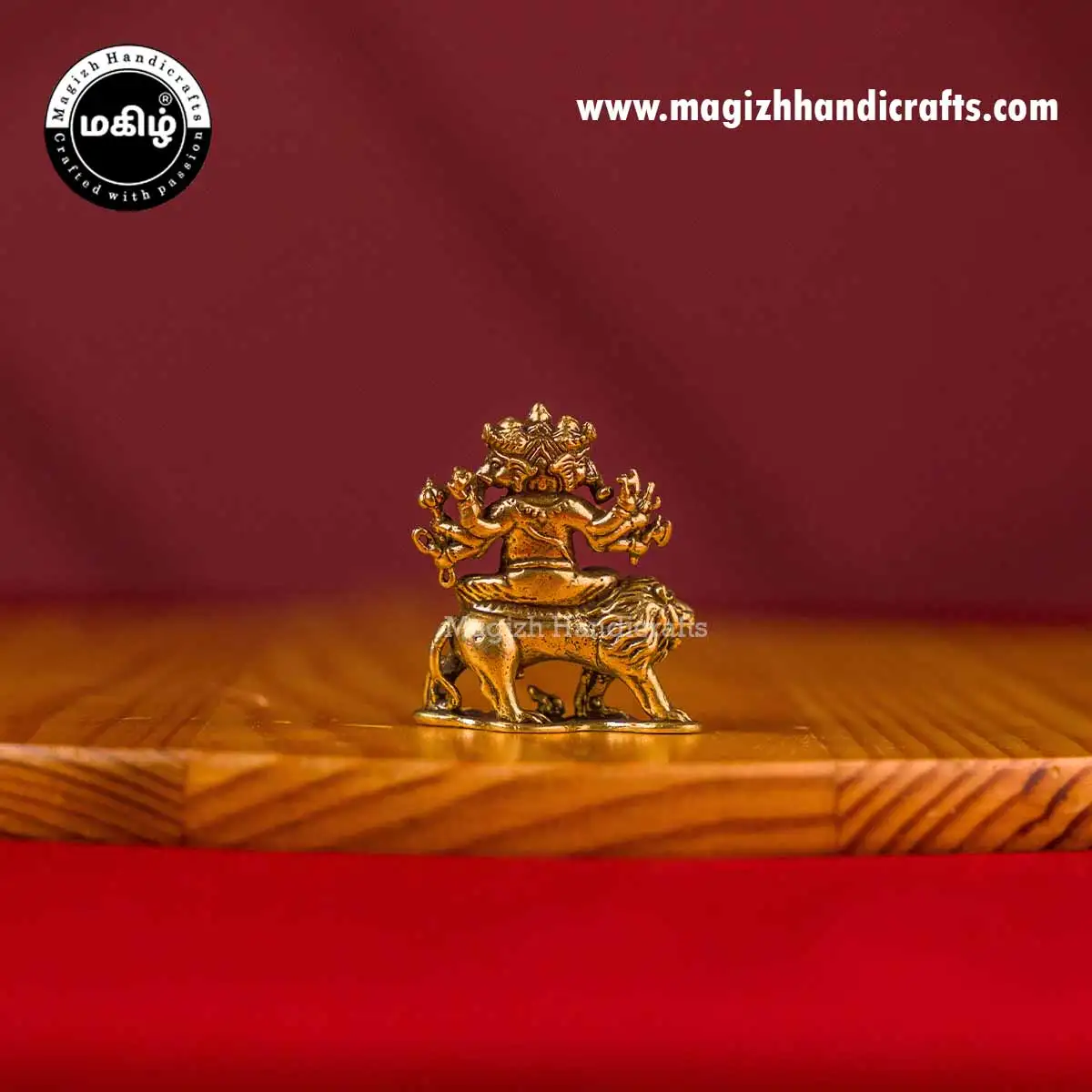 Brass Mini 3 heads Ganesha on Lion idol - 1 inch - image 4