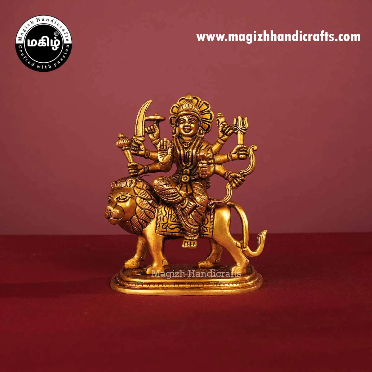 Brass Durga devi on Lion oval peetam - 6 inch - image 1
