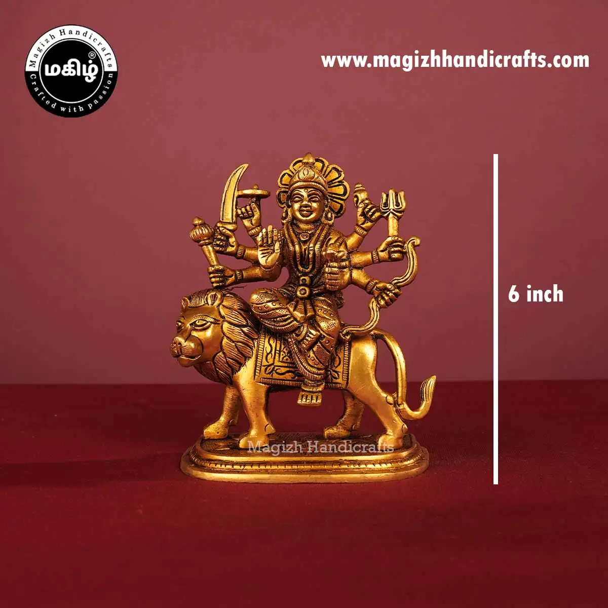 Brass Durga devi on Lion oval peetam - 6 inch - image 2