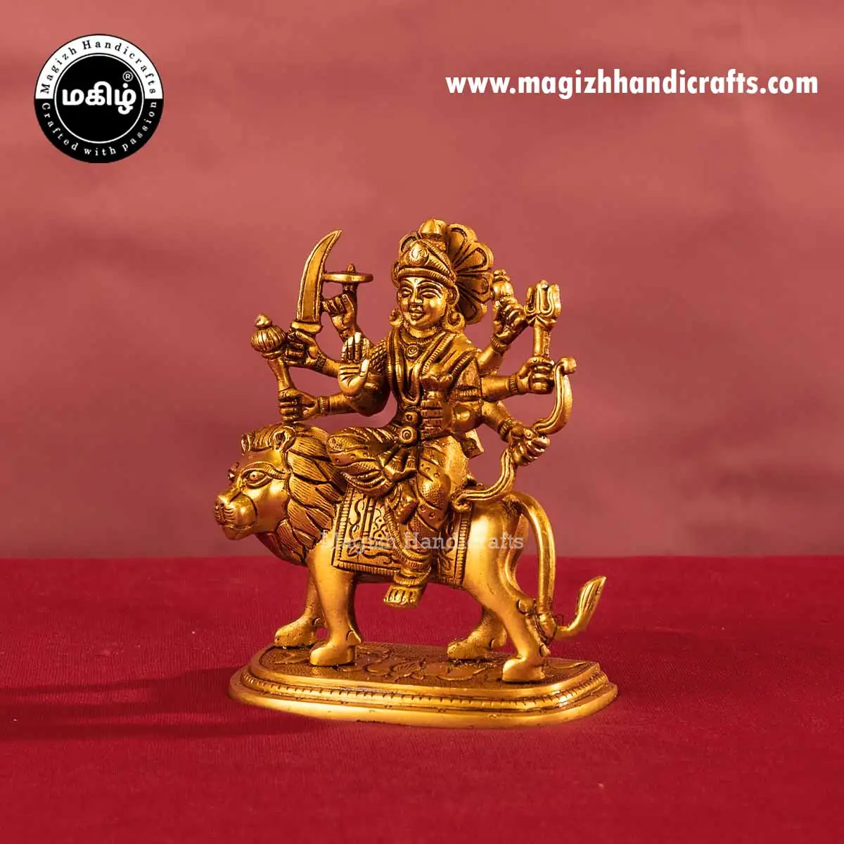 Brass goddess Lion Durga devi idol Lotus base - 6 inches - image 4