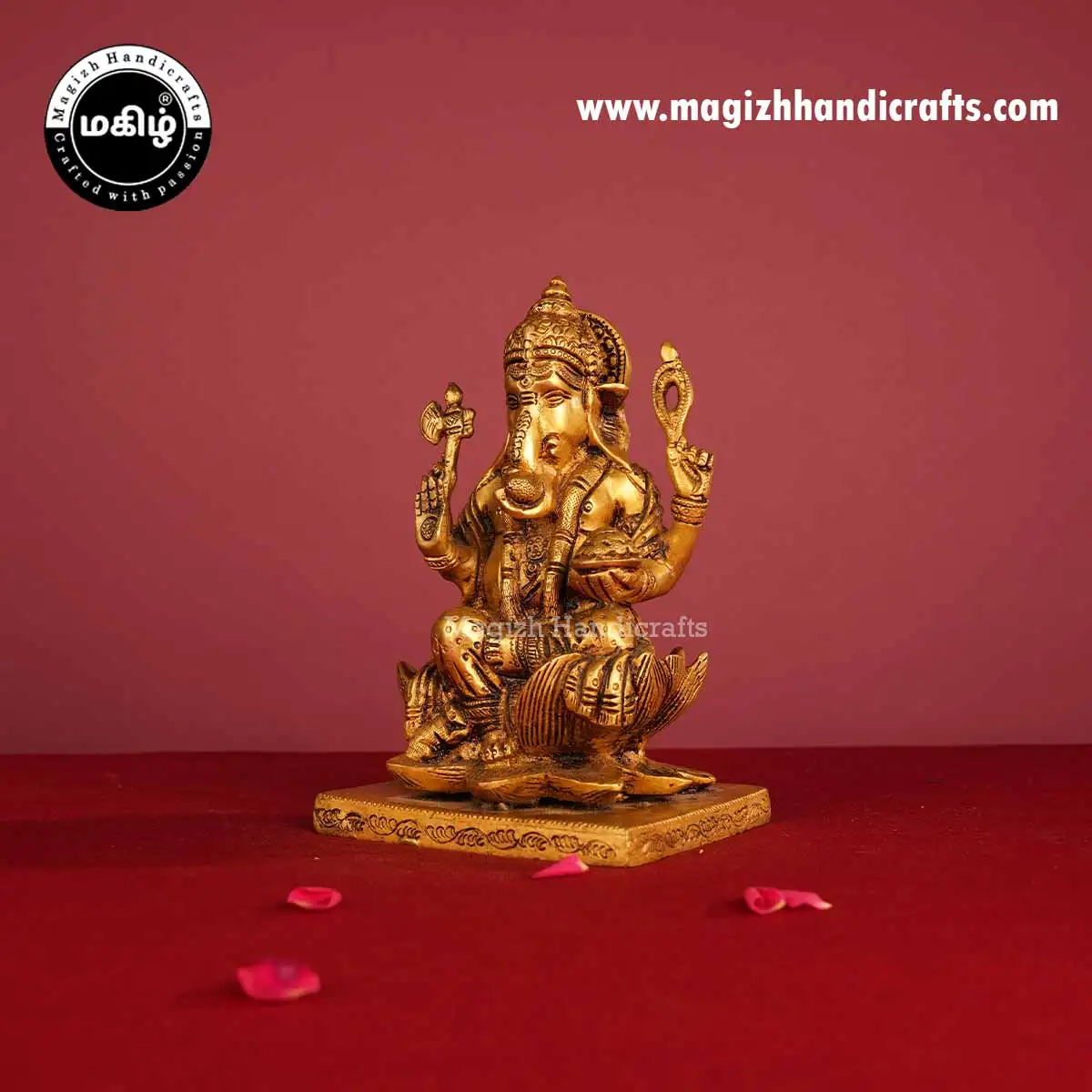 Brass Sitting Lotus Ganesha Idol with Square Base - 7.5 Inches - image 4