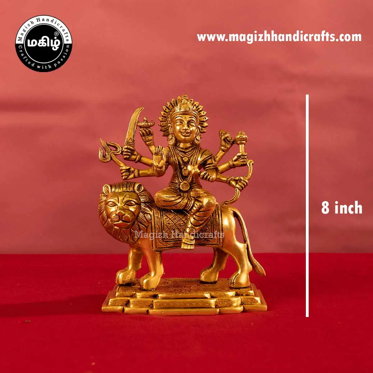 Brass goddess Lion Durga devi idol Lotus base - 8 inches - image 2